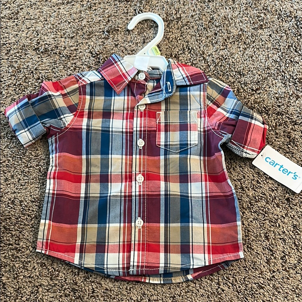 Carter's Red and Blue Button Down Shirt Plaid Design Top Only
